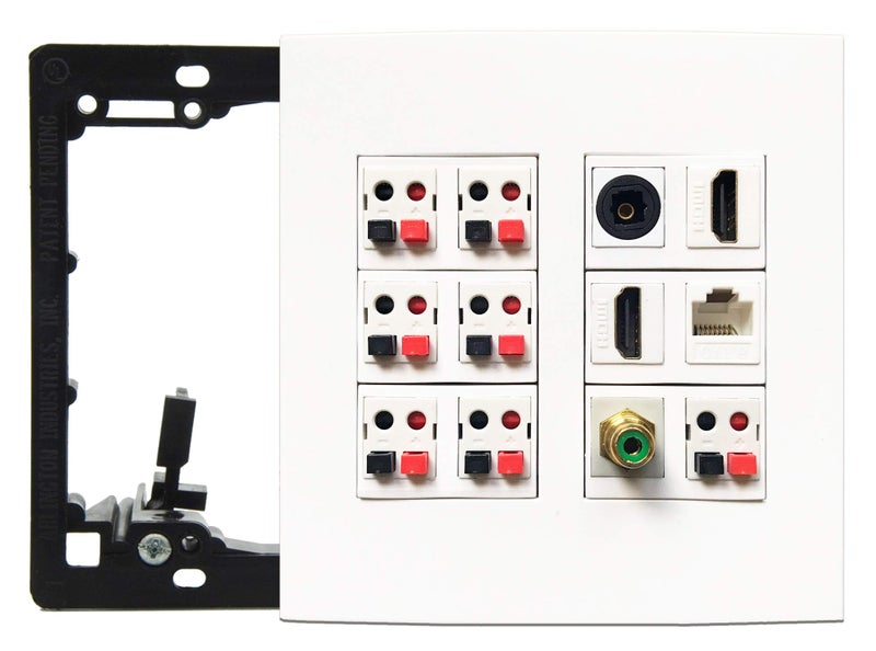 DIYTECH Premium Wall Plate, 7 Speakers, 2 HDMI, 1 Toslink, 1 RCA Subwoofer, 1 Ethernet - 7.1 Config, 2 Gang Screwless - White - Image 1